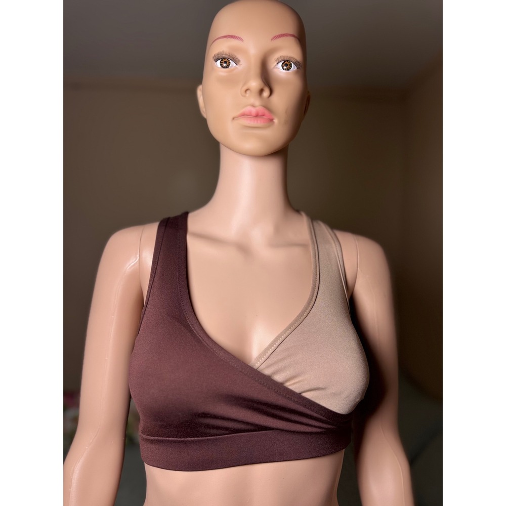 LA IMAGE Colorblock Crossover Sports Bra Brown Tan Racerback XS JT3863